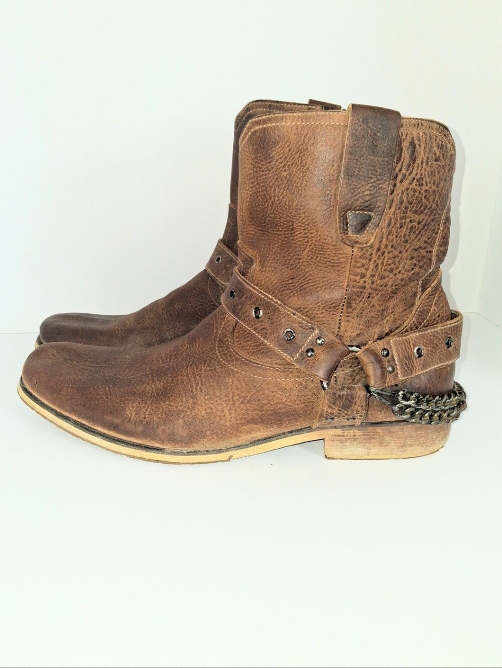 Bed Stu Men's Distressed Genuine Leather Harness Chain Links Ankle Boots Size 12